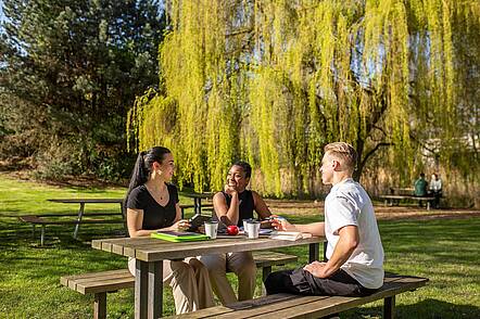 Foto: Studenten der Technischen Universität Dortmund auf einer Bank im Park.