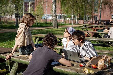 Foto: Vier Studierende sitzen an einem Tisch im Grünen, vor ihnen Obst und Brötchen und ein Laptop
