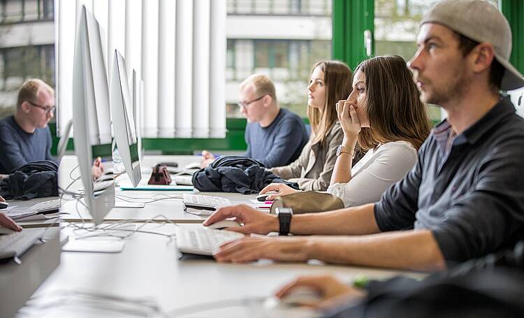 Students in the Department of Economics (Photograph: Flensburg University of Applied Sciences/Marcus Dewanger) Image: Students working in front of a computer