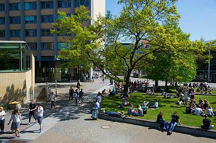 Foto: Studierende sitzen vor dem Audimax der Universität Hamburg in der Sonne