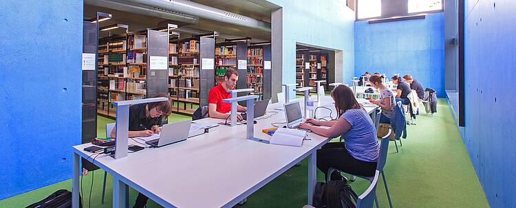 Studierende in der Bibliothek (Foto: Hochschule für Technik, Wirtschaft und Kultur Leipzig/Swen Reichhold)