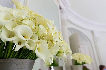 Foto: Ein altehrwürdiger runder Raum mit Vasen mit weißen Blumen und im Hintergrund stehen einige Personen