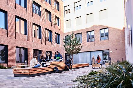Foto: Studierende sitzen auf einer Bank auf dem Campus der Hochschule Fulda und lernen gemeinsam