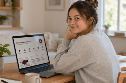 Foto: Eine Studentin der DHAW besucht die Website der DHAW an ihrem Laptop.