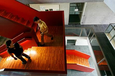 Foto: Zwei Studierende gehen über eine Treppe in der Universität Heidelberg.