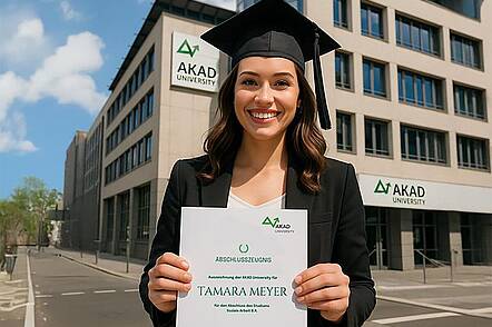 Foto: Eine Absolventin mit Doktorhut steht vor dem Gebäude der AKAD University und hält ihr Abschlusszeugnis in der Hand