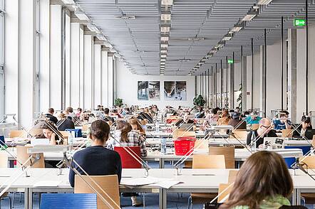 Image: Students work in the library on the campus Wilhelminenhof.