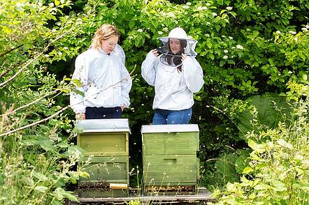 Foto: Zwei Studierende der Universität Flensburg stehen in Schutzanzüge gekleidet vor Bienenstöcken