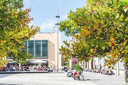 Foto: Blick über den Campus der Technischen Hochschule Deggendorf, auf dem Studierende auf Bänken sitzen.
