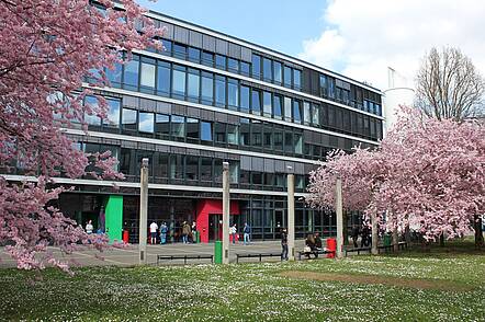 Foto: Blick über den grünen Campus auf das Gebäude der Katholischen Hochschule Mainz