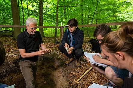 Foto: Untersuchung des Waldbodens durch Studierende und Prof. Riek der Hochschule Eberswalde.