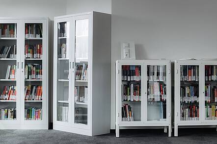 Foto: Blick in die Bibliothek mit Bücherschränken der Exponential University